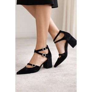 Lulus Kimbersan Black Velvet Pointed Toe Strappy rhinestone Block Heel Pumps 10